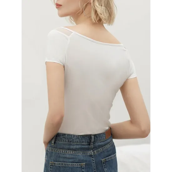 Gauze See-Through Split-Joint Short Sleeves Skinny Boat Neck T-Shirts Gauze See-Through Split-Joint Short Sleeves Skinny Boat Neck T-Shirts