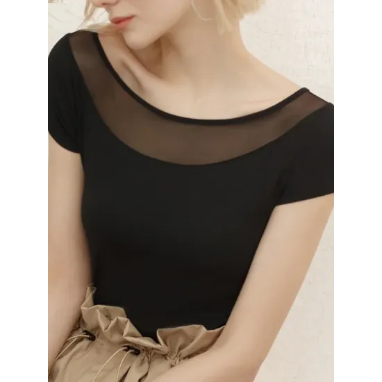 Gauze See-Through Split-Joint Short Sleeves Skinny Boat Neck T-Shirts Gauze See-Through Split-Joint Short Sleeves Skinny Boat Neck T-Shirts