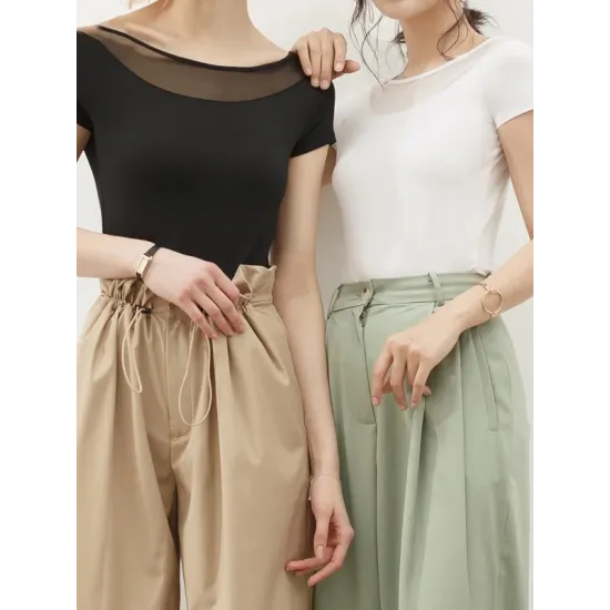Gauze See-Through Split-Joint Short Sleeves Skinny Boat Neck T-Shirts Gauze See-Through Split-Joint Short Sleeves Skinny Boat Neck T-Shirts