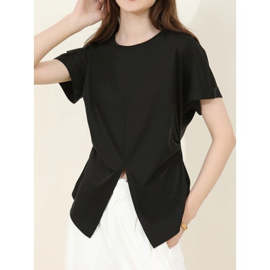 Pleated Solid Color Split-Front Split-Joint Batwing Sleeves Loose Round-Neck T-Shirts Pleated Solid Color Split-Front Split-Joint Batwing Sleeves Loose Round-Neck T-Shirts