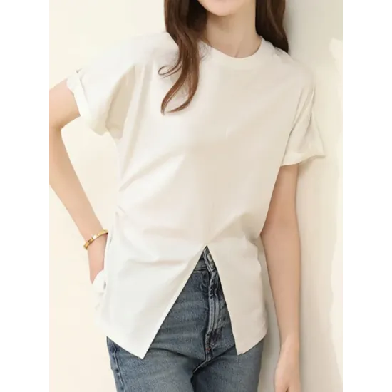 Pleated Solid Color Split-Front Split-Joint Batwing Sleeves Loose Round-Neck T-Shirts Pleated Solid Color Split-Front Split-Joint Batwing Sleeves Loose Round-Neck T-Shirts