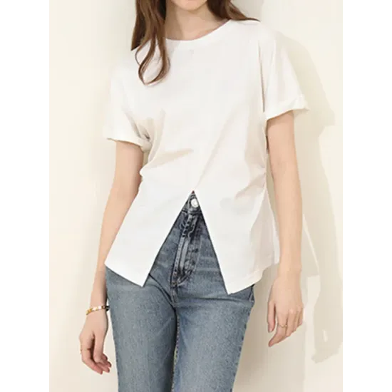 Pleated Solid Color Split-Front Split-Joint Batwing Sleeves Loose Round-Neck T-Shirts Pleated Solid Color Split-Front Split-Joint Batwing Sleeves Loose Round-Neck T-Shirts