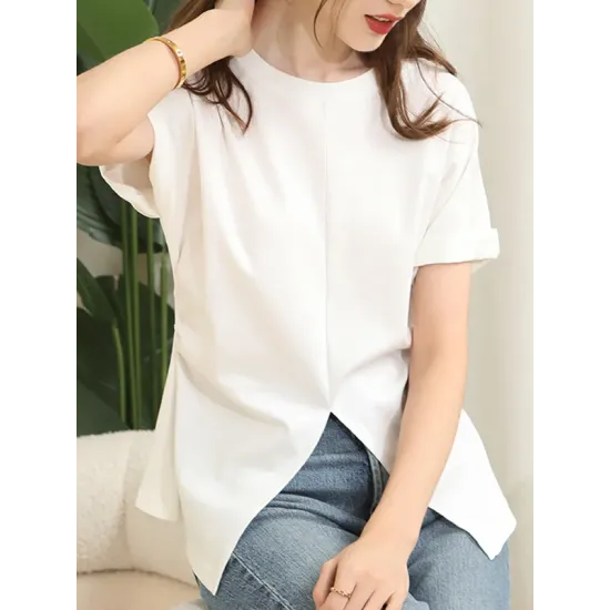Pleated Solid Color Split-Front Split-Joint Batwing Sleeves Loose Round-Neck T-Shirts Pleated Solid Color Split-Front Split-Joint Batwing Sleeves Loose Round-Neck T-Shirts
