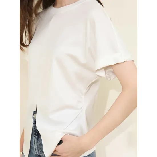 Pleated Solid Color Split-Front Split-Joint Batwing Sleeves Loose Round-Neck T-Shirts Pleated Solid Color Split-Front Split-Joint Batwing Sleeves Loose Round-Neck T-Shirts