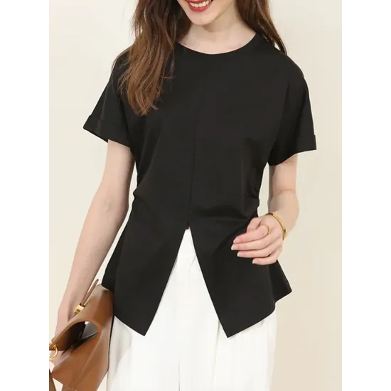 Pleated Solid Color Split-Front Split-Joint Batwing Sleeves Loose Round-Neck T-Shirts Pleated Solid Color Split-Front Split-Joint Batwing Sleeves Loose Round-Neck T-Shirts