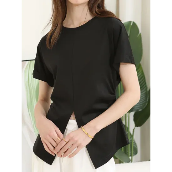 Pleated Solid Color Split-Front Split-Joint Batwing Sleeves Loose Round-Neck T-Shirts Pleated Solid Color Split-Front Split-Joint Batwing Sleeves Loose Round-Neck T-Shirts