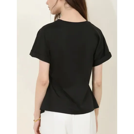 Pleated Solid Color Split-Front Split-Joint Batwing Sleeves Loose Round-Neck T-Shirts Pleated Solid Color Split-Front Split-Joint Batwing Sleeves Loose Round-Neck T-Shirts