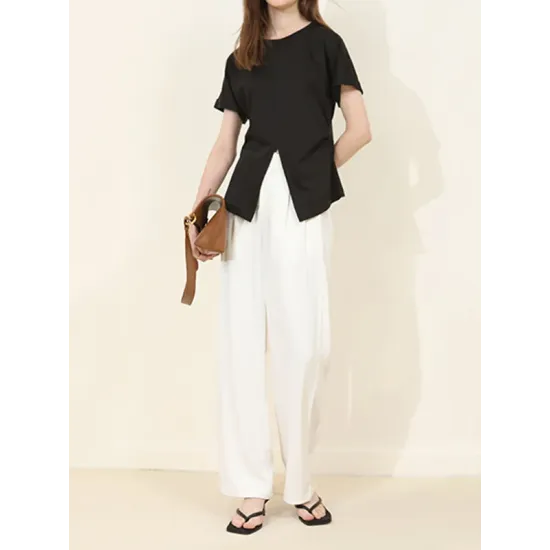 Pleated Solid Color Split-Front Split-Joint Batwing Sleeves Loose Round-Neck T-Shirts Pleated Solid Color Split-Front Split-Joint Batwing Sleeves Loose Round-Neck T-Shirts