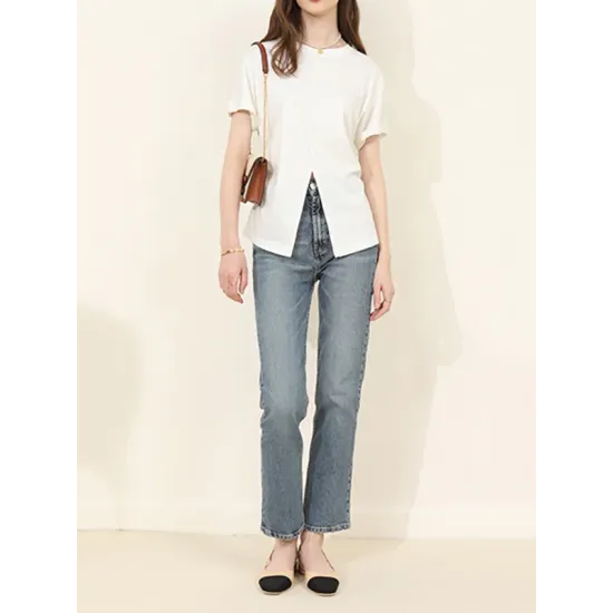 Pleated Solid Color Split-Front Split-Joint Batwing Sleeves Loose Round-Neck T-Shirts Pleated Solid Color Split-Front Split-Joint Batwing Sleeves Loose Round-Neck T-Shirts