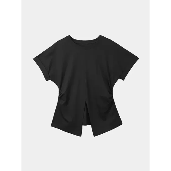 Pleated Solid Color Split-Front Split-Joint Batwing Sleeves Loose Round-Neck T-Shirts Pleated Solid Color Split-Front Split-Joint Batwing Sleeves Loose Round-Neck T-Shirts
