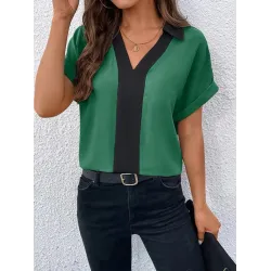 Contrast Color Loose Short Sleeves V-neck T-Shirts Tops