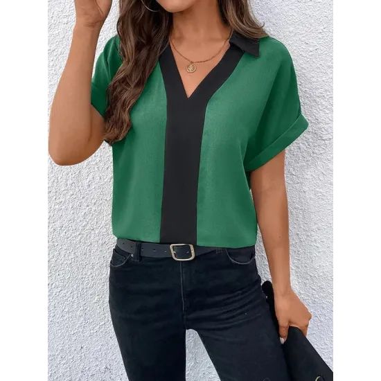 Contrast Color Loose Short Sleeves V-neck T-Shirts Tops Contrast Color Loose Short Sleeves V-neck T-Shirts Tops