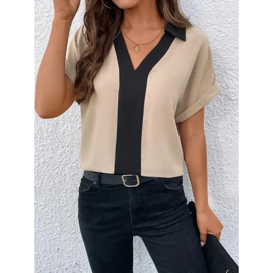 Contrast Color Loose Short Sleeves V-neck T-Shirts Tops Contrast Color Loose Short Sleeves V-neck T-Shirts Tops