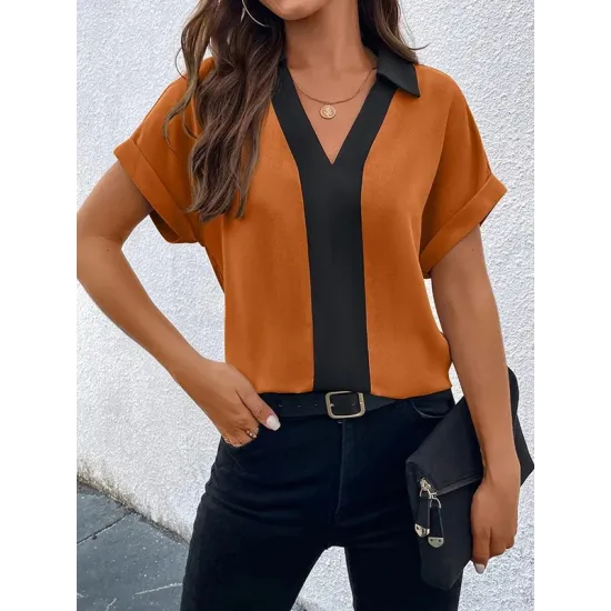 Contrast Color Loose Short Sleeves V-neck T-Shirts Tops Contrast Color Loose Short Sleeves V-neck T-Shirts Tops