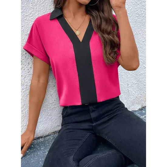 Contrast Color Loose Short Sleeves V-neck T-Shirts Tops Contrast Color Loose Short Sleeves V-neck T-Shirts Tops