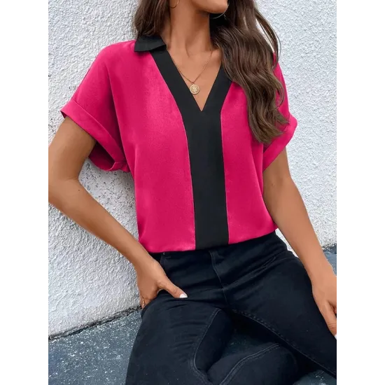 Contrast Color Loose Short Sleeves V-neck T-Shirts Tops Contrast Color Loose Short Sleeves V-neck T-Shirts Tops