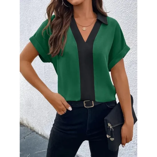 Contrast Color Loose Short Sleeves V-neck T-Shirts Tops Contrast Color Loose Short Sleeves V-neck T-Shirts Tops