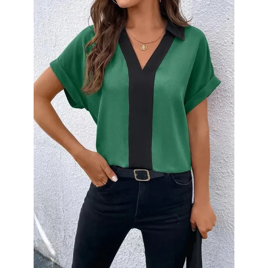 Contrast Color Loose Short Sleeves V-neck T-Shirts Tops Contrast Color Loose Short Sleeves V-neck T-Shirts Tops