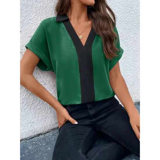 Contrast Color Loose Short Sleeves V-neck T-Shirts Tops Contrast Color Loose Short Sleeves V-neck T-Shirts Tops