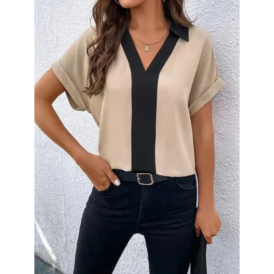 Contrast Color Loose Short Sleeves V-neck T-Shirts Tops Contrast Color Loose Short Sleeves V-neck T-Shirts Tops