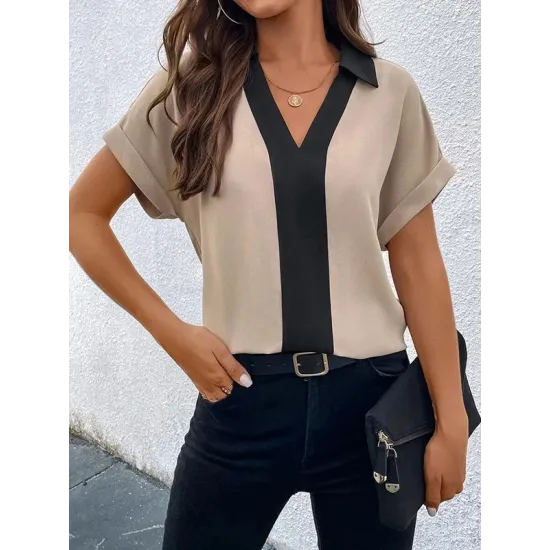 Contrast Color Loose Short Sleeves V-neck T-Shirts Tops Contrast Color Loose Short Sleeves V-neck T-Shirts Tops