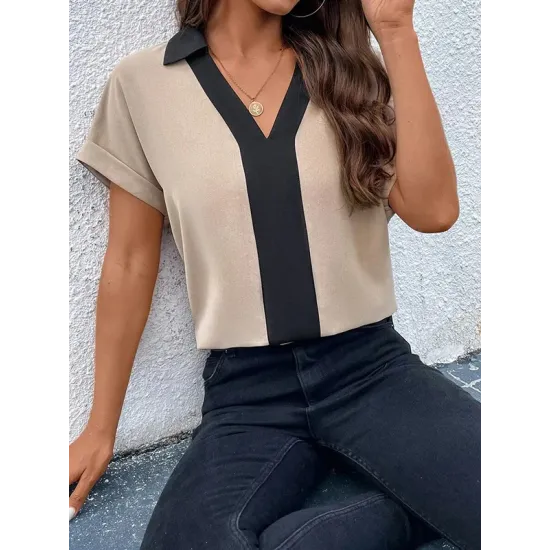 Contrast Color Loose Short Sleeves V-neck T-Shirts Tops Contrast Color Loose Short Sleeves V-neck T-Shirts Tops