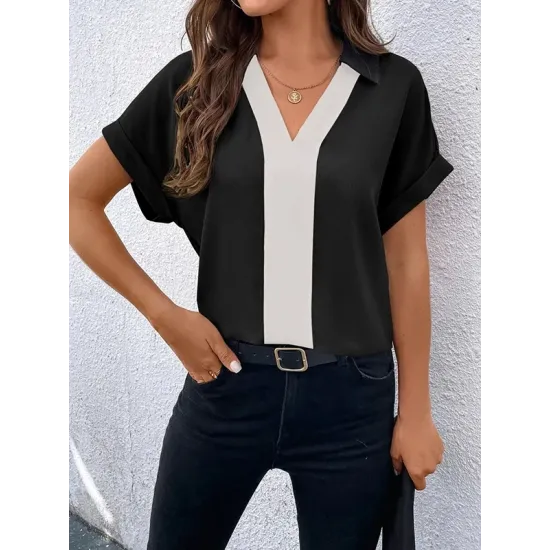 Contrast Color Loose Short Sleeves V-neck T-Shirts Tops Contrast Color Loose Short Sleeves V-neck T-Shirts Tops