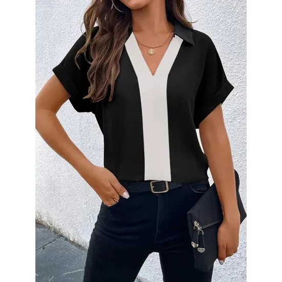 Contrast Color Loose Short Sleeves V-neck T-Shirts Tops Contrast Color Loose Short Sleeves V-neck T-Shirts Tops
