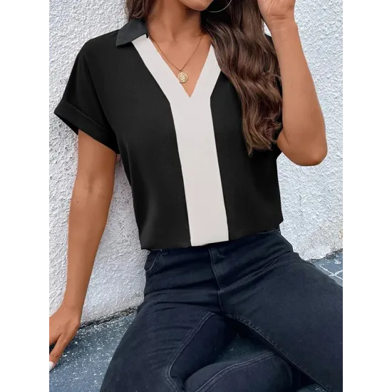 Contrast Color Loose Short Sleeves V-neck T-Shirts Tops Contrast Color Loose Short Sleeves V-neck T-Shirts Tops