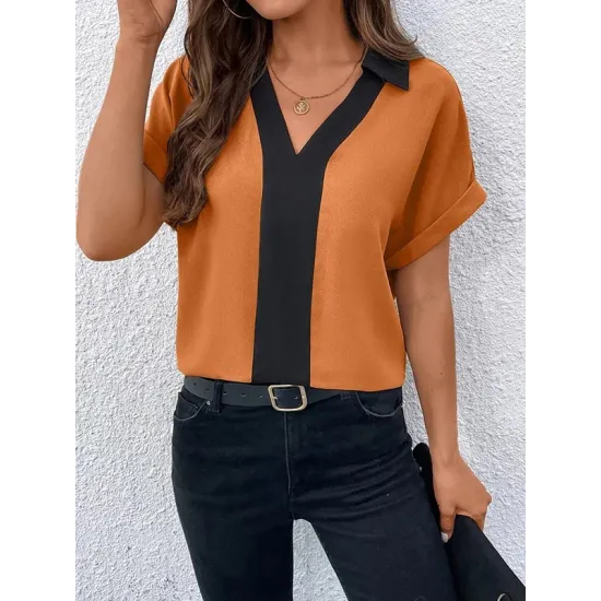 Contrast Color Loose Short Sleeves V-neck T-Shirts Tops Contrast Color Loose Short Sleeves V-neck T-Shirts Tops