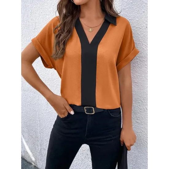 Contrast Color Loose Short Sleeves V-neck T-Shirts Tops Contrast Color Loose Short Sleeves V-neck T-Shirts Tops