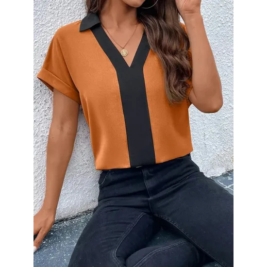 Contrast Color Loose Short Sleeves V-neck T-Shirts Tops Contrast Color Loose Short Sleeves V-neck T-Shirts Tops