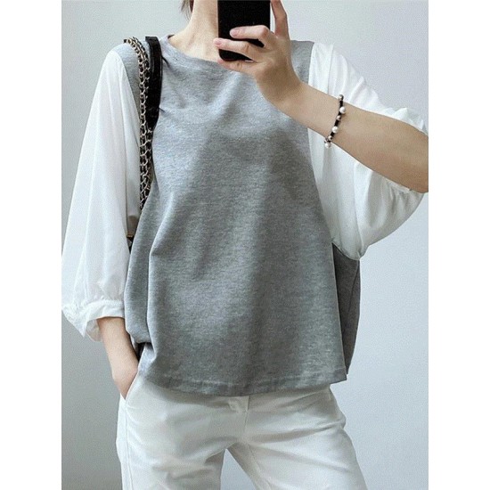Split-Joint False Two Loose Round-neck T-Shirts Tops Split-Joint False Two Loose Round-neck T-Shirts Tops