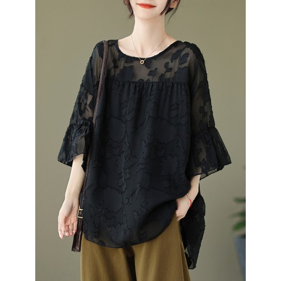 Falbala Pleated See-Through Split-Joint Loose Short Sleeves Round-Neck T-Shirts Falbala Pleated See-Through Split-Joint Loose Short Sleeves Round-Neck T-Shirts