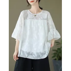 Falbala Pleated See-Through Split-Joint Loose Short Sleeves Round-Neck T-Shirts