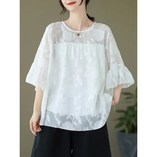 Falbala Pleated See-Through Split-Joint Loose Short Sleeves Round-Neck T-Shirts Falbala Pleated See-Through Split-Joint Loose Short Sleeves Round-Neck T-Shirts