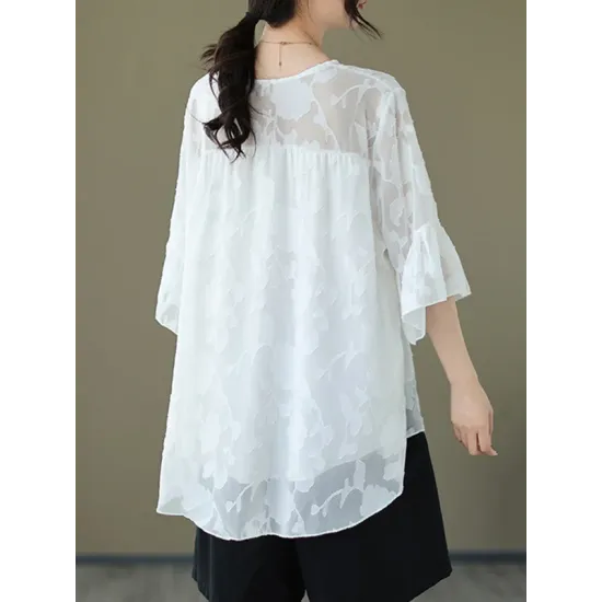 Falbala Pleated See-Through Split-Joint Loose Short Sleeves Round-Neck T-Shirts Falbala Pleated See-Through Split-Joint Loose Short Sleeves Round-Neck T-Shirts