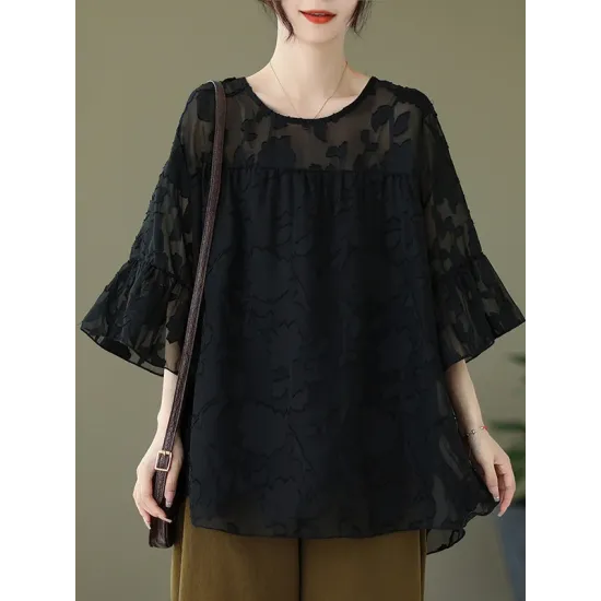 Falbala Pleated See-Through Split-Joint Loose Short Sleeves Round-Neck T-Shirts Falbala Pleated See-Through Split-Joint Loose Short Sleeves Round-Neck T-Shirts