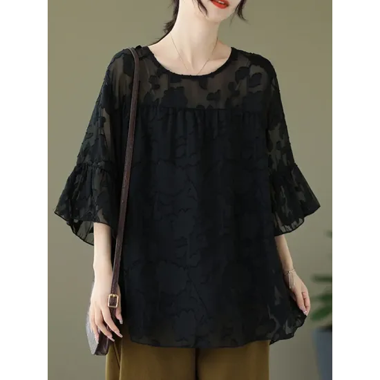 Falbala Pleated See-Through Split-Joint Loose Short Sleeves Round-Neck T-Shirts Falbala Pleated See-Through Split-Joint Loose Short Sleeves Round-Neck T-Shirts