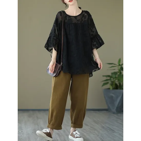 Falbala Pleated See-Through Split-Joint Loose Short Sleeves Round-Neck T-Shirts Falbala Pleated See-Through Split-Joint Loose Short Sleeves Round-Neck T-Shirts