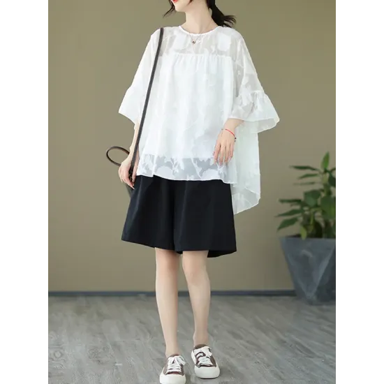 Falbala Pleated See-Through Split-Joint Loose Short Sleeves Round-Neck T-Shirts Falbala Pleated See-Through Split-Joint Loose Short Sleeves Round-Neck T-Shirts