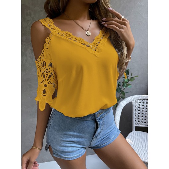 Lacy Solid Color Loose Short Sleeves Cold Shoulder T-Shirts Tops Lacy Solid Color Loose Short Sleeves Cold Shoulder T-Shirts Tops