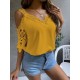 Lacy Solid Color Loose Short Sleeves Cold Shoulder T-Shirts Tops Lacy Solid Color Loose Short Sleeves Cold Shoulder T-Shirts Tops