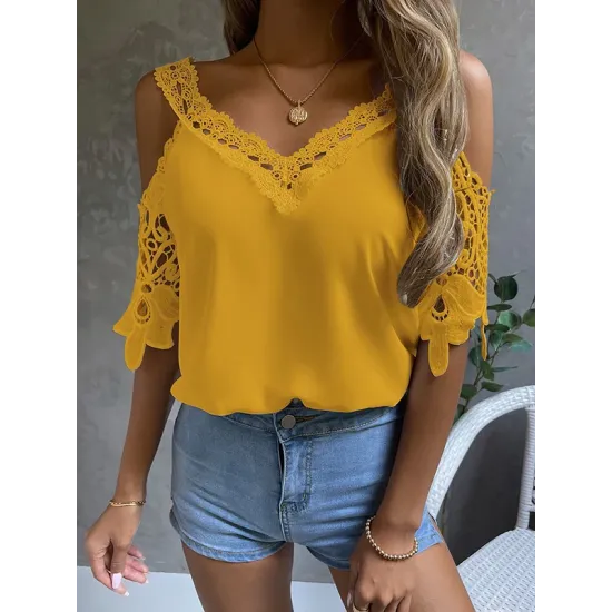 Lacy Solid Color Loose Short Sleeves Cold Shoulder T-Shirts Tops Lacy Solid Color Loose Short Sleeves Cold Shoulder T-Shirts Tops