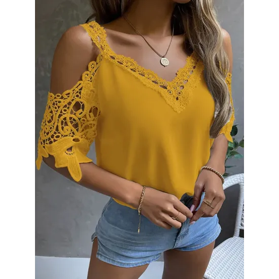 Lacy Solid Color Loose Short Sleeves Cold Shoulder T-Shirts Tops Lacy Solid Color Loose Short Sleeves Cold Shoulder T-Shirts Tops
