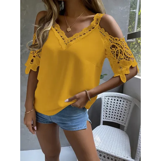 Lacy Solid Color Loose Short Sleeves Cold Shoulder T-Shirts Tops Lacy Solid Color Loose Short Sleeves Cold Shoulder T-Shirts Tops
