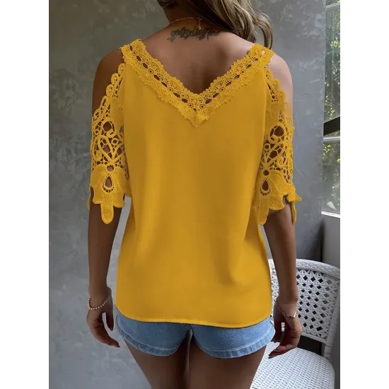 Lacy Solid Color Loose Short Sleeves Cold Shoulder T-Shirts Tops Lacy Solid Color Loose Short Sleeves Cold Shoulder T-Shirts Tops