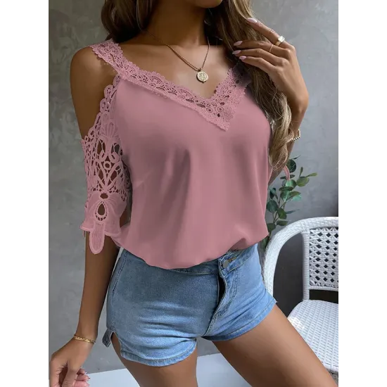 Lacy Solid Color Loose Short Sleeves Cold Shoulder T-Shirts Tops Lacy Solid Color Loose Short Sleeves Cold Shoulder T-Shirts Tops