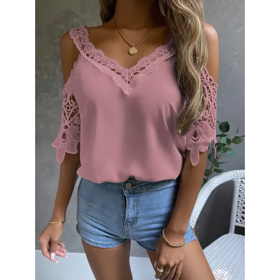 Lacy Solid Color Loose Short Sleeves Cold Shoulder T-Shirts Tops Lacy Solid Color Loose Short Sleeves Cold Shoulder T-Shirts Tops