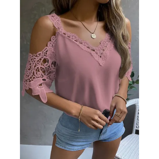 Lacy Solid Color Loose Short Sleeves Cold Shoulder T-Shirts Tops Lacy Solid Color Loose Short Sleeves Cold Shoulder T-Shirts Tops